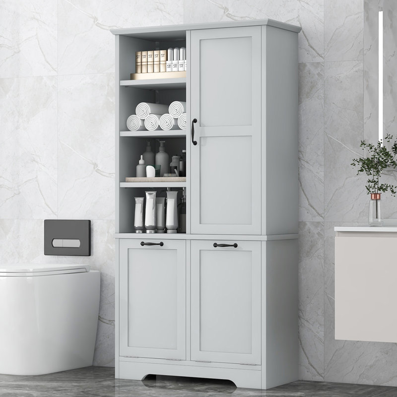 68'' H Bathroom Cabinet with Tilt-Out Laundry Hamper,Modern Linen Cabinet with Adjustable Shelf,Freestanding Style, Gray