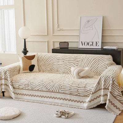 Thicked Striped Couch Cover with Tassel Chenille 71"x118", Sofa Cover Blanket for Sectional Sofa, Soft Sofa Slipcovers for L Shaped Love Seat 2-3 Cush