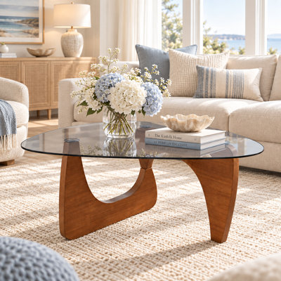 Table basse moderne moderne triangulaire simple avec table basse et base en bois massif et verre trempé triangulaire