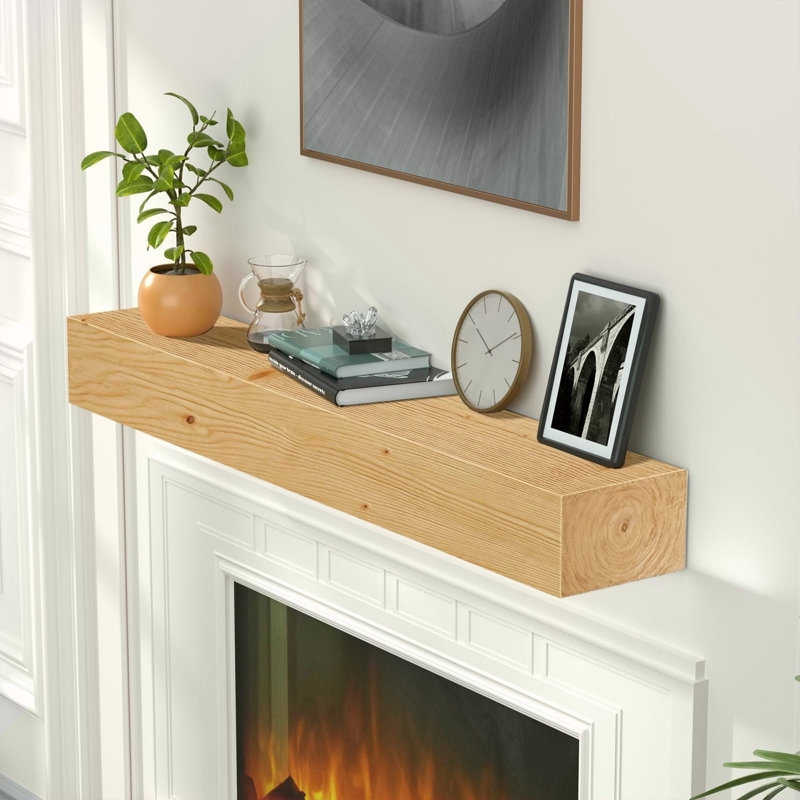 Fireplace Mantel,48" Wood Floating Fireplace Shelves,Wall Mounted Wooden Display Shelving,Handcrafted Wood Brack,Natural Mantels Over Fireplace,48" X 8" X 5"-Clear Varnished Natural Wood