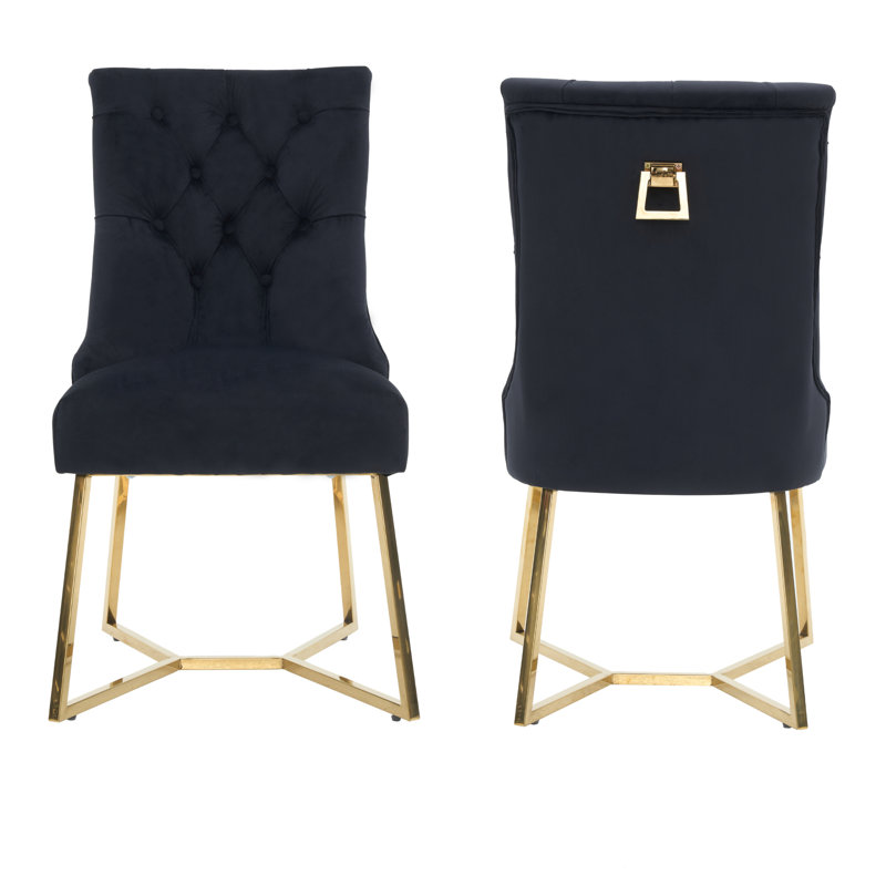 Ambra Modern Velvet Dining Chair With Gold Legs, Ring Handle & Tufted Back, Black