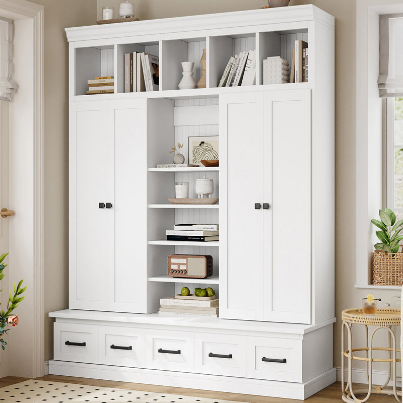 78.7" H Hallway Tree With 5 Drawers And 5 Storage Cubbies, White