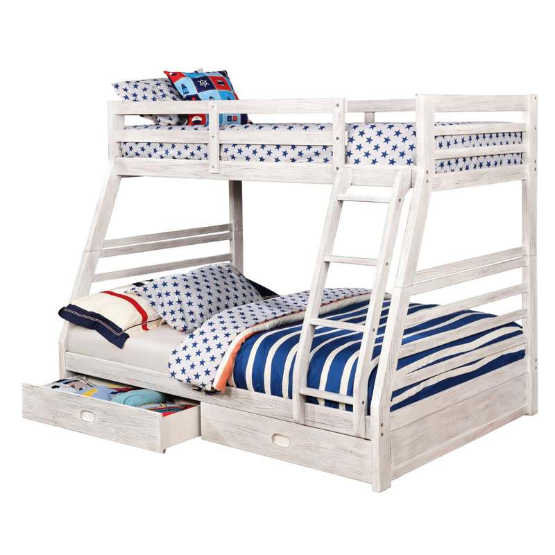 Lit superposé simple au-dessus d'un lit double de style transitionnel avec deux grands tiroirs et une construction en bois massif d'aspect blanc délavé, structure à rails sécuritaires pour utilisation avec placage de rangement, apparence, serrure