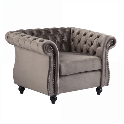 Matte Black Velvet Chesterfield Club Chair by, Solid Wood Frame Accent Seating for Living Room Spaces