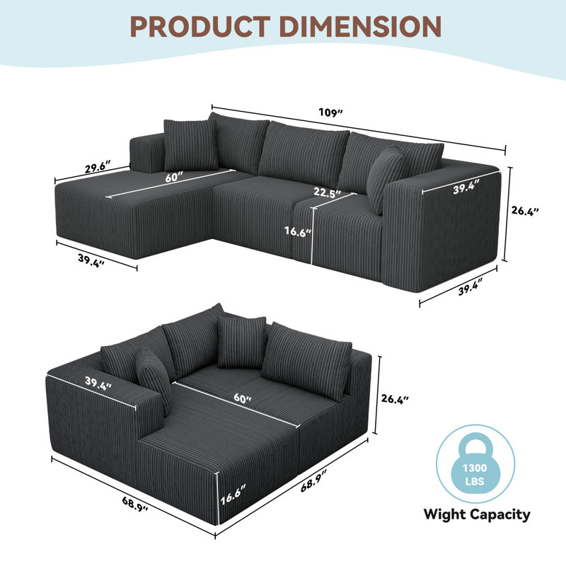 Canapé modulaire Boneless 109 po Cloud, Orienté à gauche (vu de face), Gris