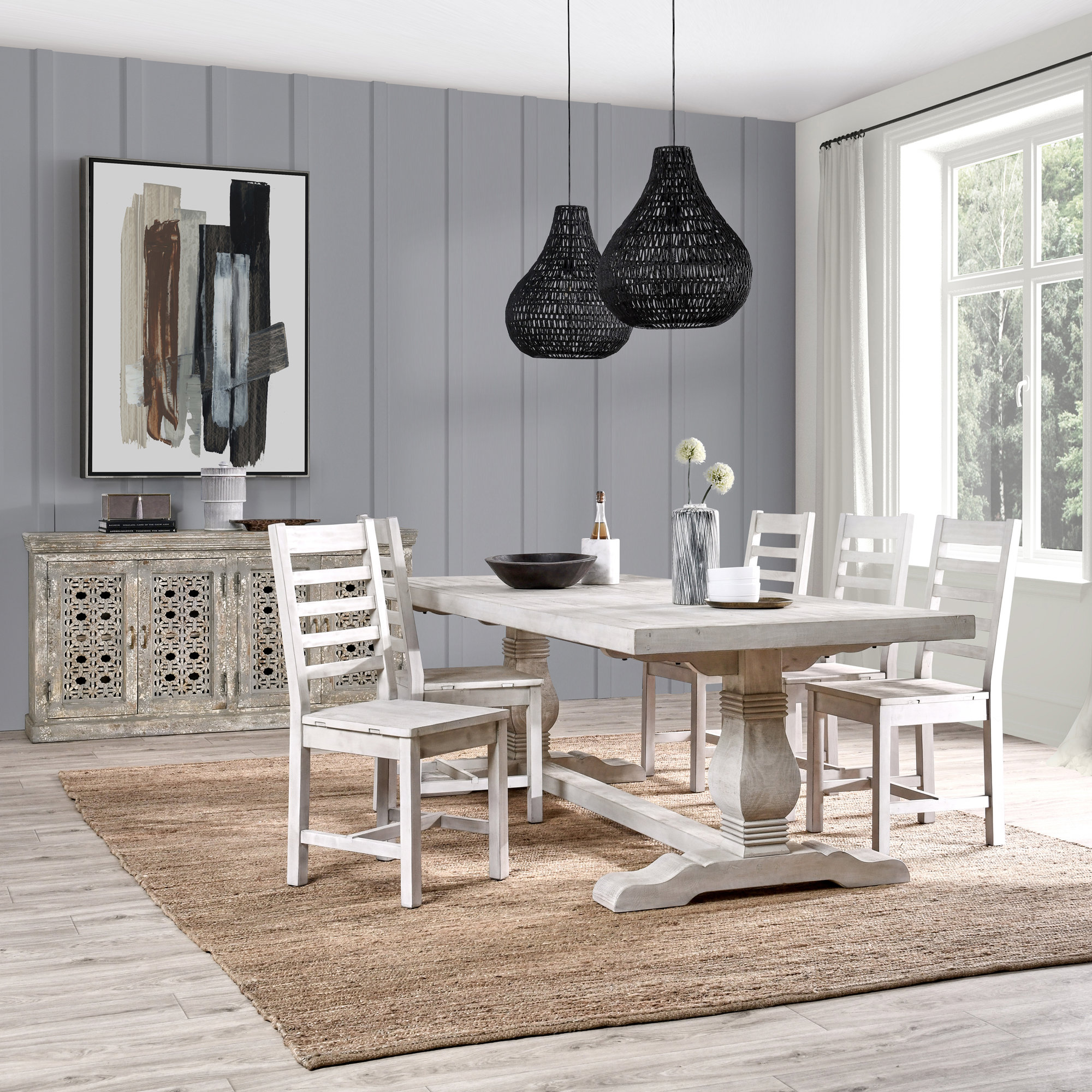 Kinston 7 Piece Dining Set, Distressed Ivory