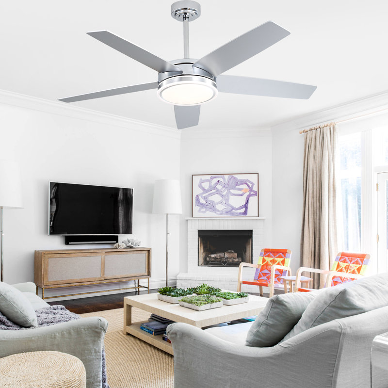Ventilateur de plafond 52 po moderne avec lumières et télécommande, ventilateur de plafond chromé avec pales réversibles