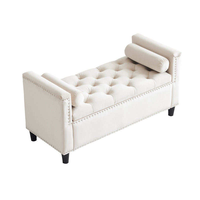 Upholstered Storage Bench, Queen Velvet Button Bedside Bench, Entryway Living Room With Armrests, Nailhead Trim, White