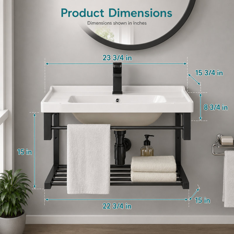 Lavabo de salle de bain mural en céramique avec barre à serviettes L 23,8 po x l 15,8 po