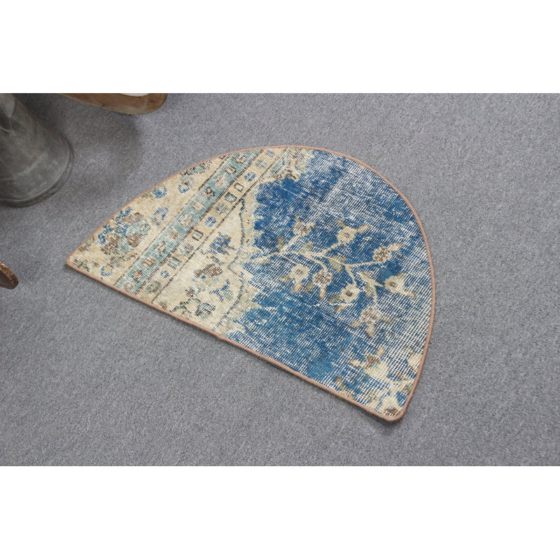 Vintage Blue Turkish Round Rug Ideal For Nursery With Personalized Door Mat Functionality and Unique Anatolian Design