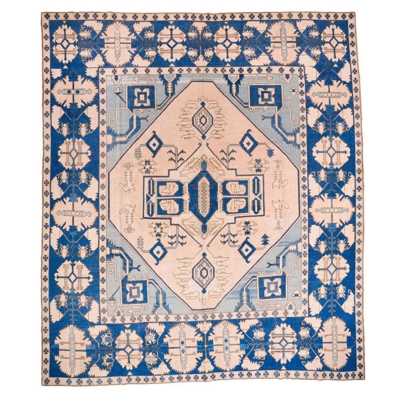 Tapis rétro de style tribal anatolien bleu et ivoire rétro fait à la main 13 x 15 po