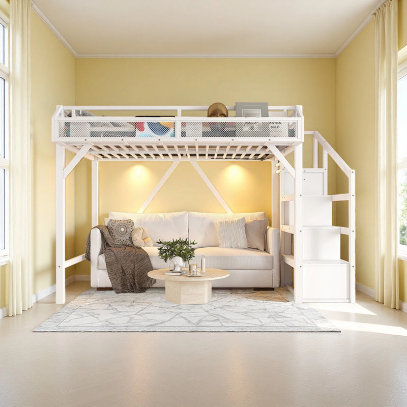 Twin XL Loft Bed With Storage Stairs, Shelves And Built-In Wardrobe, Metal Loft Bed Frame With USB Ports And LED Lights, Noise-Reduced Design