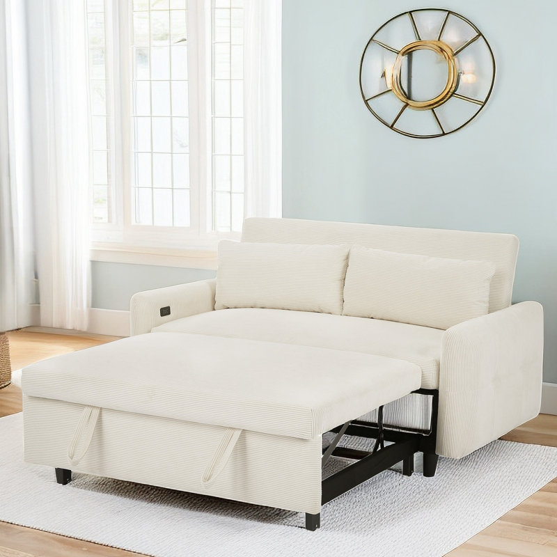 Isel 57'' Sofa Bed Sleeper Loveseat with USB Port and Two Pillows, Beige Corduroy