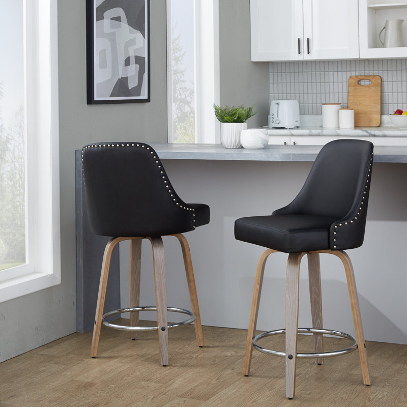 Tabouret de comptoir à hauteur fixe cloutée 27 po avec pieds en bois courbé et repose-pieds rond - ensemble de 2, Gris clair