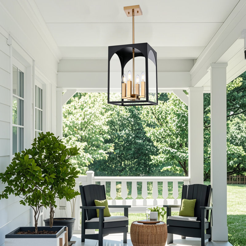 Farmhouse Outdoor Pendant Light, 4-Light Black And Brass Lantern Chandelier Ceiling Light Fixture Adjustable Height Hanging Lighting With Clear Glass For Porch, Kitchen Island, Dining Room, Entryway