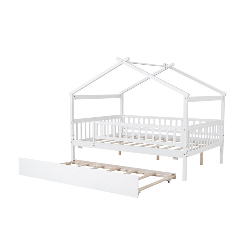 Lit double en bois avec lit gigogne simple, blanc, Blanc