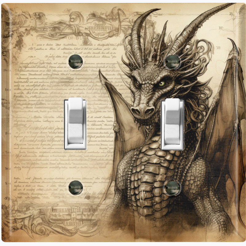 Couvercle de plaque d'interrupteur en métal; Taille standard américaine - Dragon à cornes, Double # 2