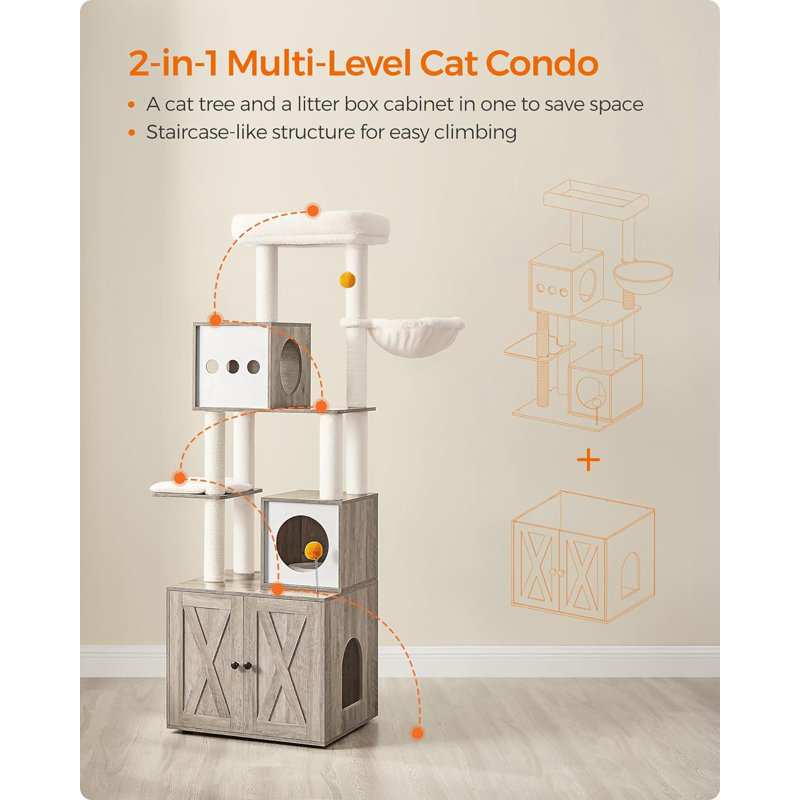 Arbre à chat avec bac à litière, tour à chat moderne 2-en-1, condo pour chat de 70,8 pouces de hauteur avec poteaux à griffer