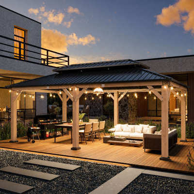 Jolydale Soild Wood Gazebo, Hardtop Gazebo With Galvanized Steel Double Roof, Suitable For Patios, Lawn And Backyard