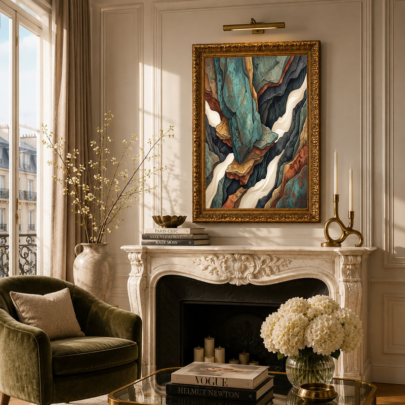 Art mural sur toile bleu sarcelle et rouille, H 18 po x l 24 po
