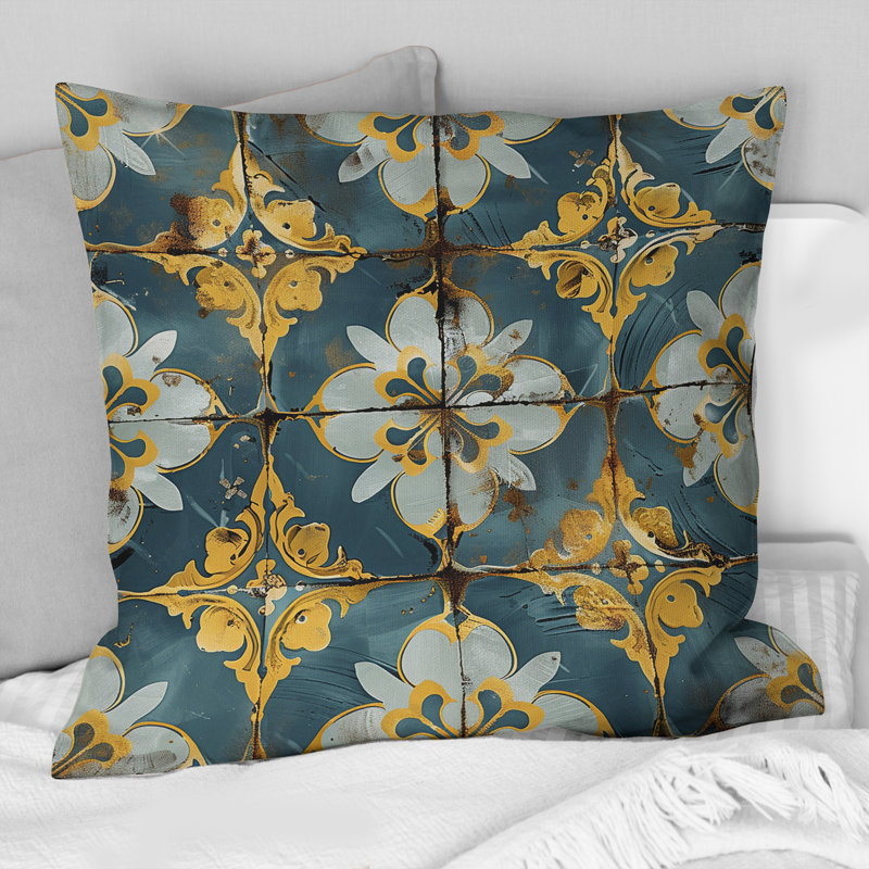 Carrelage rétro bleu poudre et doré II - Coussin Farmhouse, H 16 po x l 16 po, Carrée