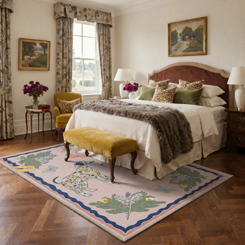 Tapis rose / bleu à motif animal lavable à la machine avec envers antidérapant, Rectangle 6 pi x 9 pi