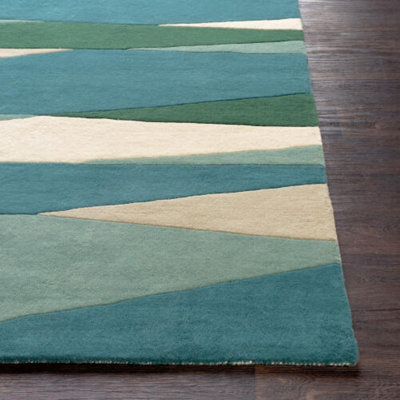 Tapis crème / vert foncé / bleu sarcelle touffeté à la main Ayeln