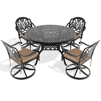 Garden Dining - 5 Pieces, Aluminum, , 350Lbs Weight Capacity Per Seat 5 Aluminium 48.03" Round Table, Cushions In Random Colors