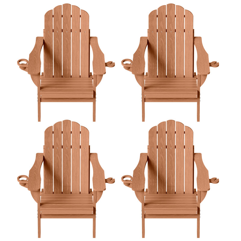 HDPE Adirondack Foldable Chair Wood Texture With Cup Holder(Set Of 4), Teak