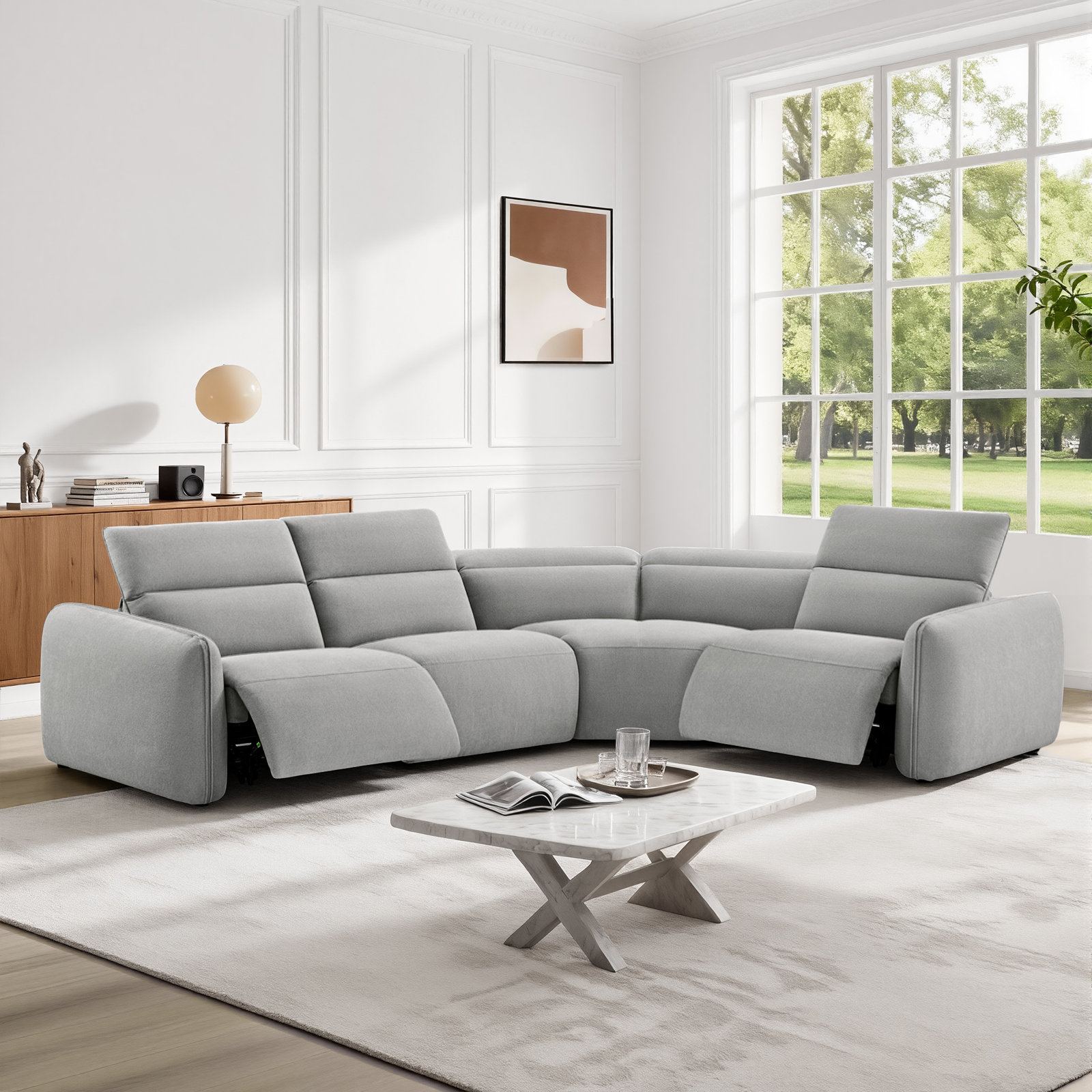 Bayne Upholstered Recliner Sectional, Elite Dove Performance