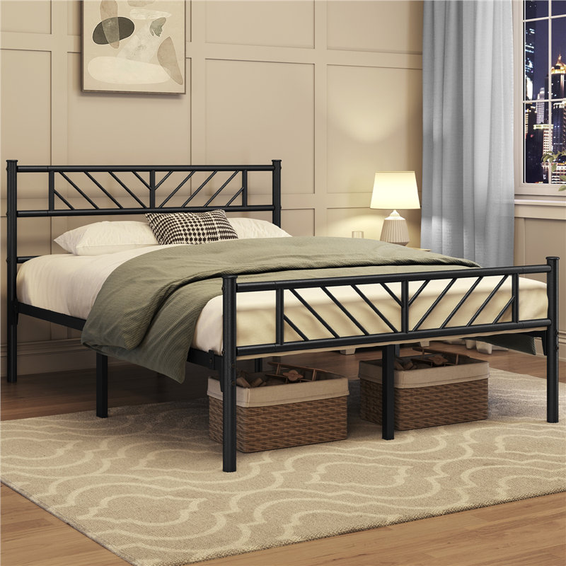 Minimalist Metal Slatted Bed Platform with Arrow Design Headboard, Double (4'6), Black