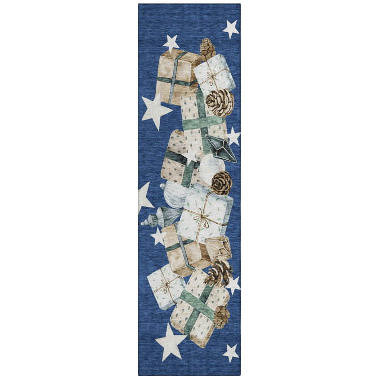 Machine Washable Indoor/Outdoor Christmas Presents Xhevrie Navy Rug