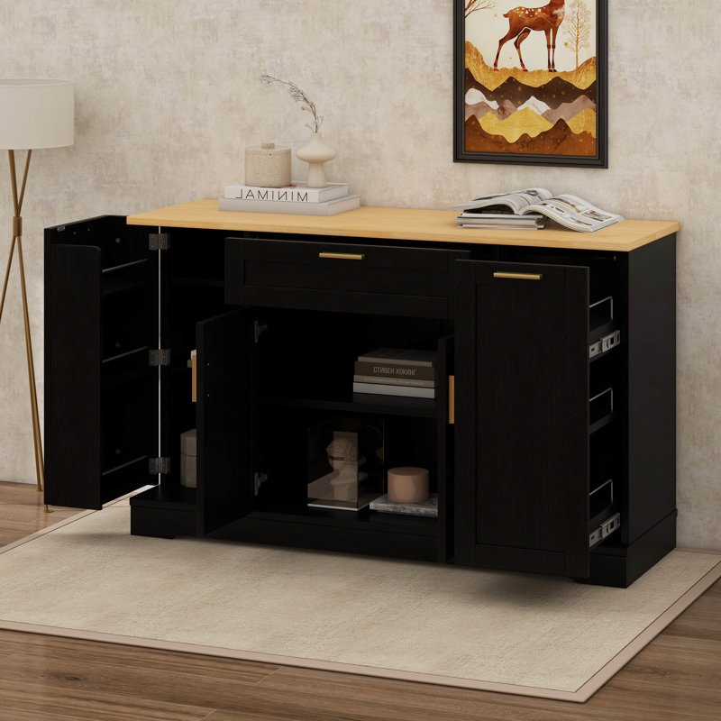 Multi-Functional Storage Sideboard, Modern Kitchen Island With Extendable Dining Table, Adjustable Shelves, 3-Tier Pull-Out Rack, Drawer