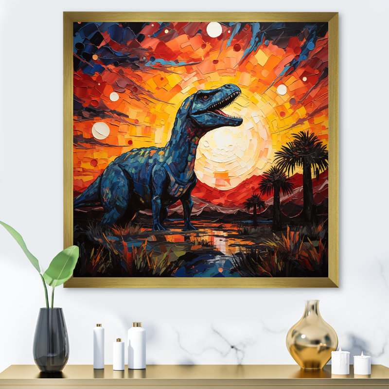 Coucher de soleil de dinosaure rouge et jaune II - art de mur de dinosaure, H 30 po x l 30 po x P 1,5 po, Cadre doré simple