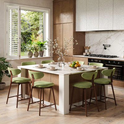 Upholstered Cotton Blend Swivel Bar Stool with Curved Back
