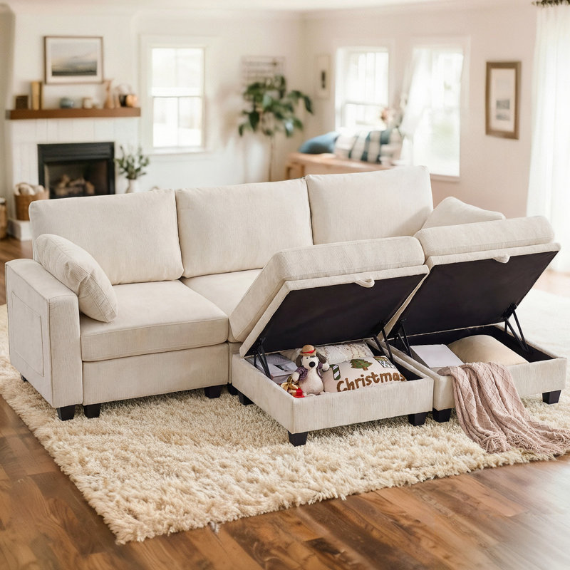 Canapé modulaire en chenille 5 pièces avec repose-pieds de rangement 5 pièces, Beige