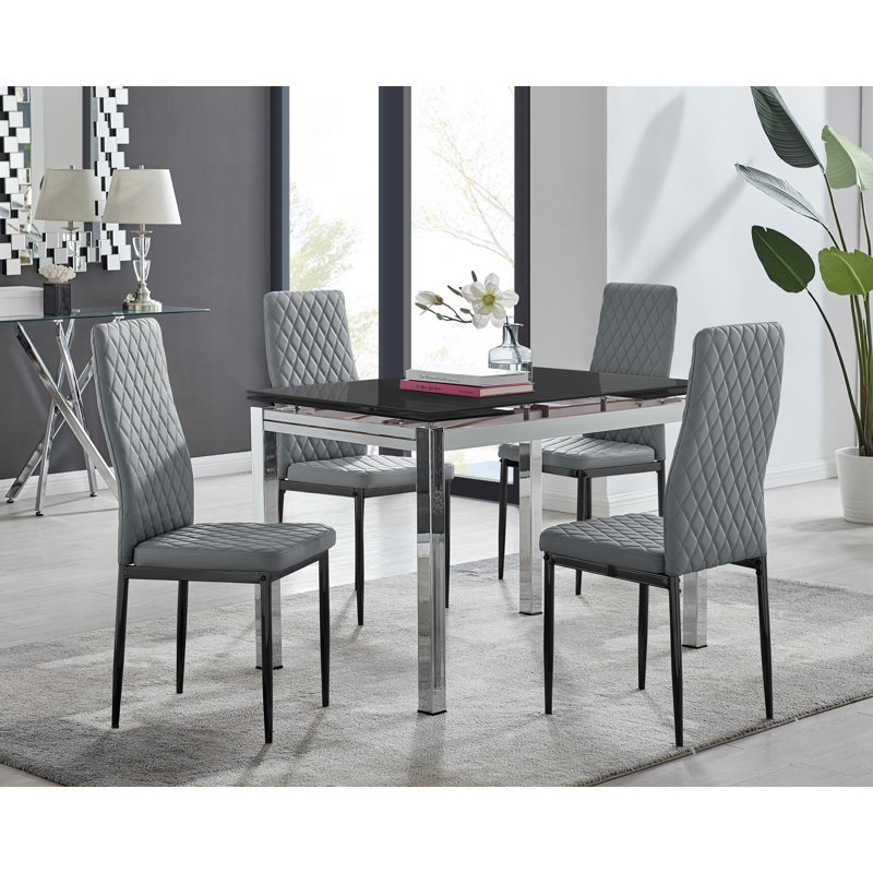 Tierra Modern Glass & Metal Extendable Dining Table Set & 4 Luxury Faux Leather Dining Chairs, Gray/Black