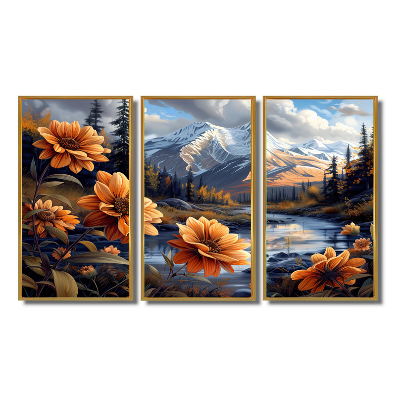 Alaska Denali National Park Flower Mountain River - Alaska, ensemble de décorations murales, Toile avec cadre flottant or