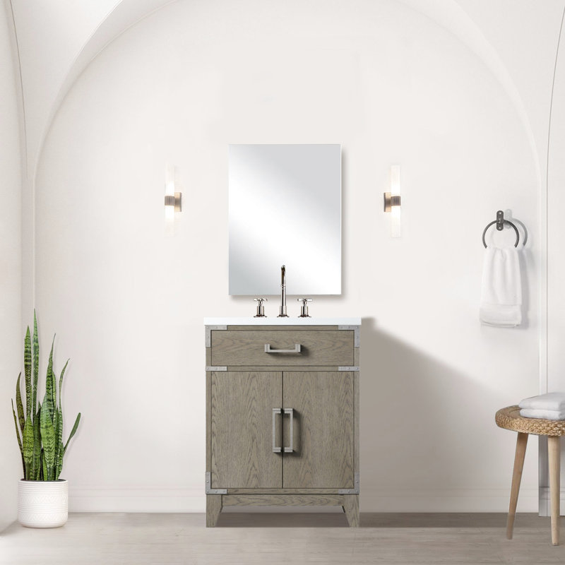 Meuble-lavabo simple en chêne gris l 24 po x P 18 po, comptoir en acrylique et miroir - fermeture en douceur, capacité de rangement intérieure abondante