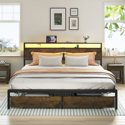 King Bed Frame With LED Lights And Charging Station - Robust Metal  Wood Construction, Rustic Wood Platform Bed Frame With 2 Drawers, No Box Spring Needed, Noise Free, Vintage Brown, Easy Assemble