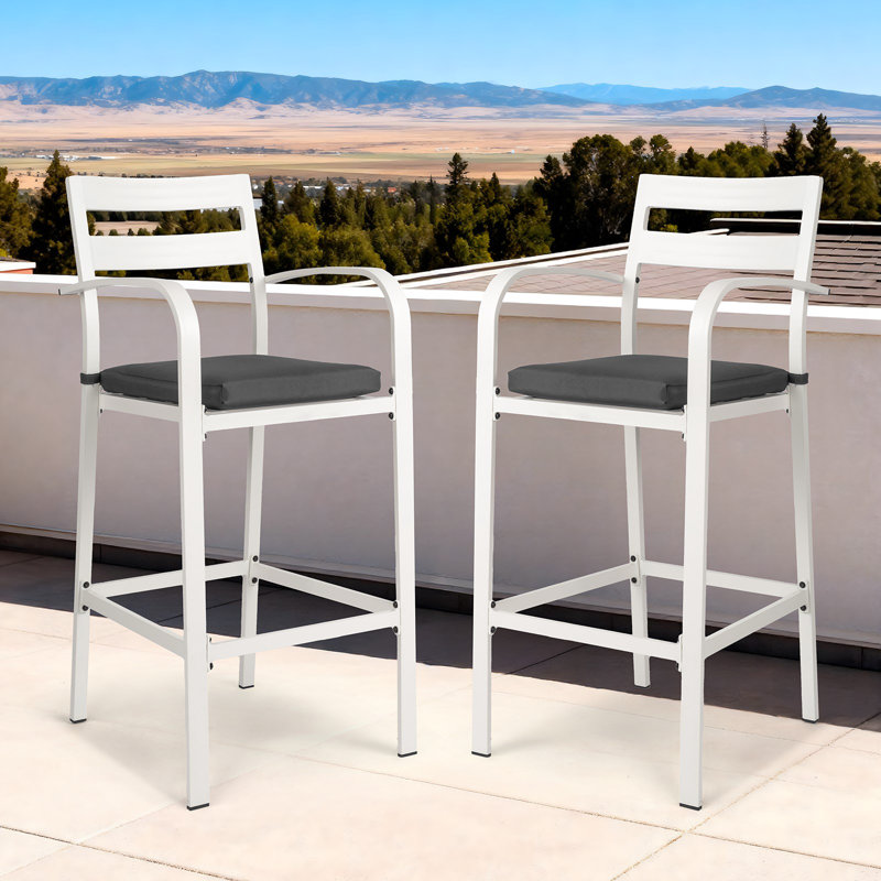 Ensemble de 2 tabourets de bar d'extérieur avec coussin gris, structure blanche, Blanc