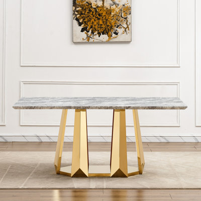 Rectangular Faux Marble Dining Table With Mirrored Stainless Steel Base And - Legs, Ideal For 6 8 People In Party Finish Base, Comfortable Seating People, Can Be A Presentation