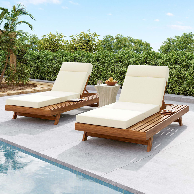 Lounge Chaise With Headrest, Acacia Wood(Set Of 1), Beige