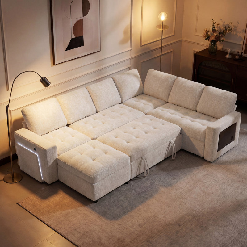 102" Modular Sectional Sleeper Sofa With Pull Out Bed/Reclining Backrest/Usb Ports/Table/Led Light/Storage Seat, 8 Seat Large U Shaped Sectional Couch, Tool-Free Assembly