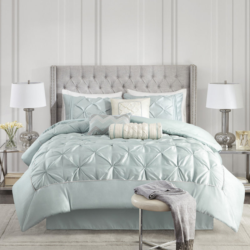 7 Piece King Comforter Bedding - Gorgeous With Shams And Decorative Pillows Filled, Seafoam
