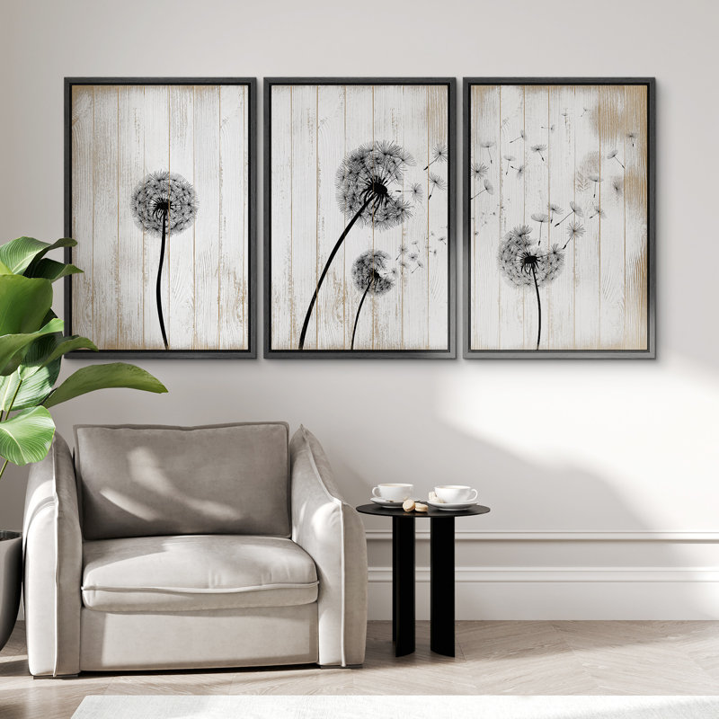 Blowing Dandelion On Wood Effect Background Artwork, Modern Rustic Farmhouse Wall Pictures, Framed Canvas Giclée Print 3 Pieces Wall Art" 16"x24"x3 pcs, 24"x36"x3 pcs