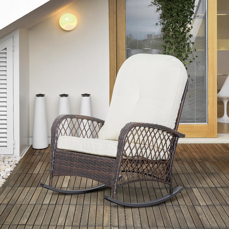Chaise berçante, chaise à bascule, chaise berçante à coussin souple blanc crème pour le jardin et le patio, attrait rustique, utilisation à l'extérieur