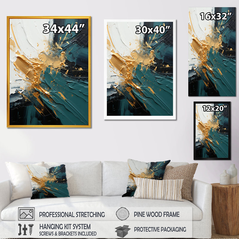Or et vert cascade de marbre blanc V - art mural abstrait, H 20 po x l 12 po x P 1 po, Toile tendue