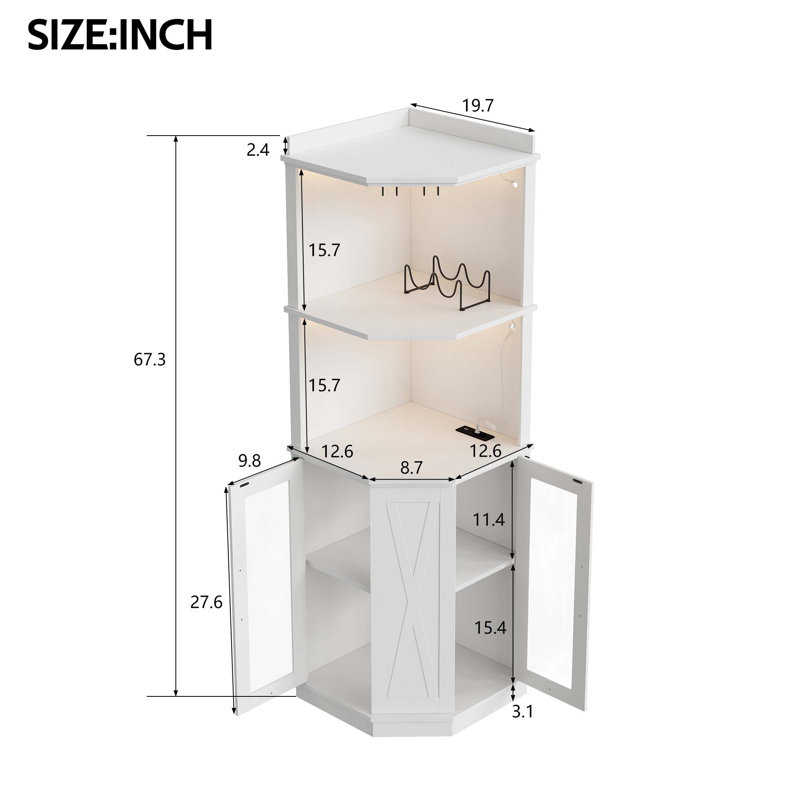 Bar d'angle 67,3 "avec prise de courant, tablettes réglables, support en verre et lumières