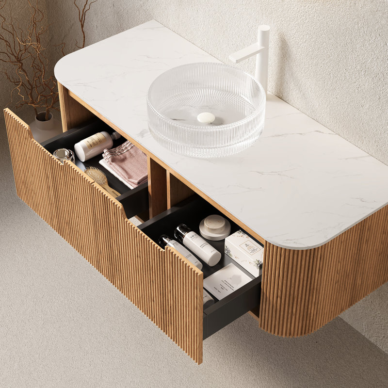 Meuble-lavabo 48 po avec lavabo rond transparent, armoire en bois naturel rayé 3D, 2 tiroirs, facile à installer